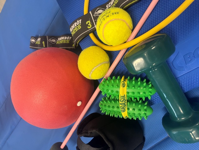 Trainingsgeräte der Gymnastikgruppe: Bälle, Bänder und Hantel